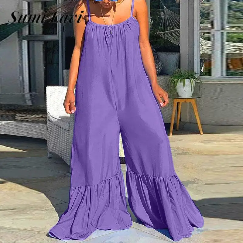 

New Fashion Loose Flare Pants Jumpsuit Summer Spaghetti Strap Backless Playsuit Overall Casual Ladies Solid Color Pockets Romper