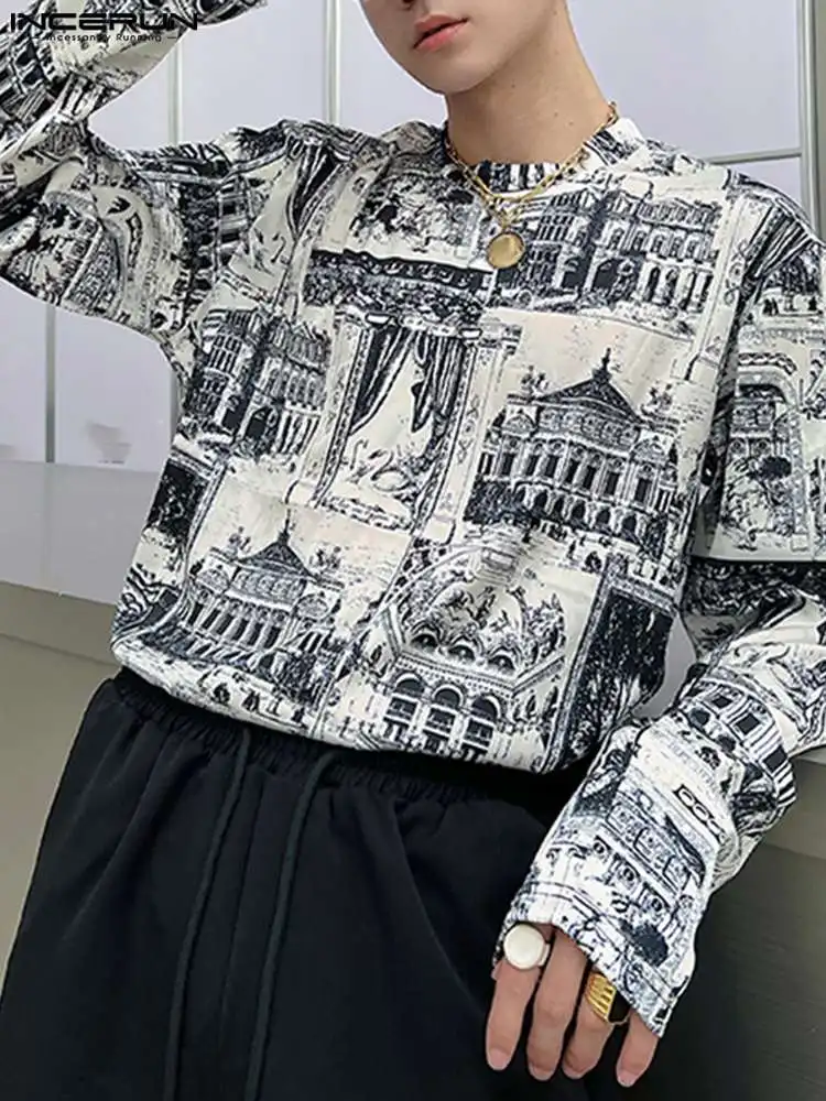 

INCERUN Autumn Men T Shirt Printing O-neck Long Sleeve 2022 Leisure Tee Tops Streetwear Korean Fashion Casual Men Clothing S-5XL