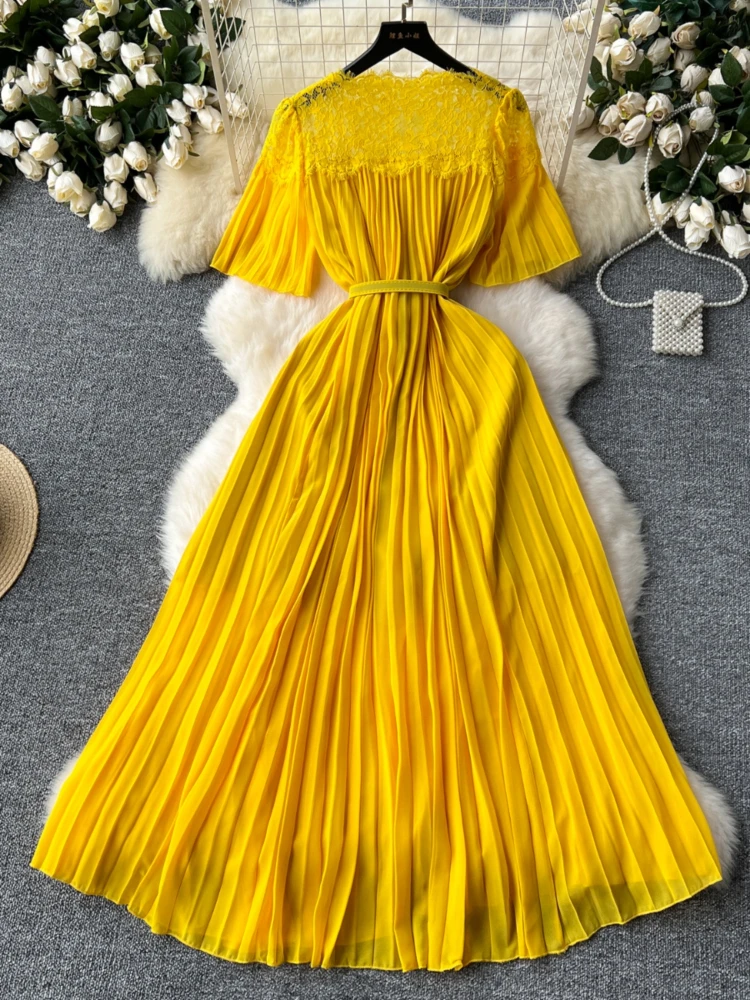 Женское элегантное Плиссированное длинное платье летние кружевные винтажные