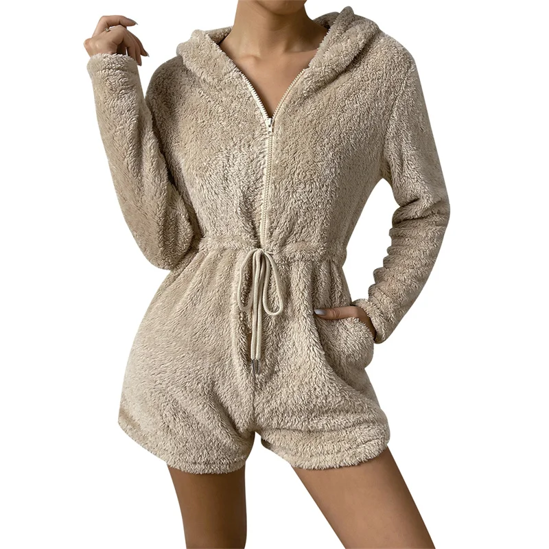 

Warm Winter Loungewear Rompers Solid Femme Long Sleeve Drawstring High Waist Women Long Sleeve Zipper Hooded Playsuits Jumpsuits