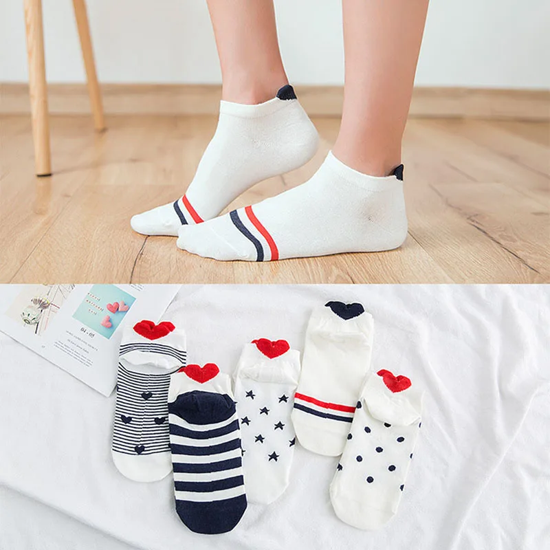 

5 Pairs/lot New Arrivals Womens Cotton Socks Set Cute Girls Invisible Short Ankle Sock Casual Red Heart Female Funny Happy Socks