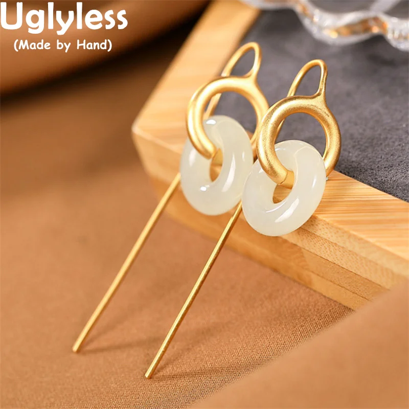 

Uglyless Simple Peace Buttons Ear Hooks for Women Circles Nature Jade Jasper Gemstone Earrings 925 Silver Roman Numerals Brincos