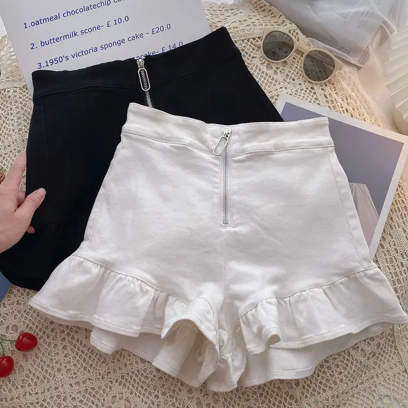 

Solid Color Ruffled Wide Leg Shorts Women 2023 Korean New Design Slim High Waist Shorts