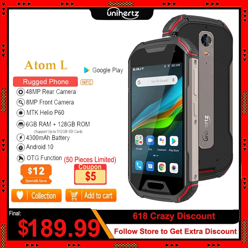 Unihertz Atom L 6GB+128GB IP68 Waterproof Rugged Unlocked Smartphone Android 11 48MP 4300mAh Cellphone NFC 4G LTE Mobile Phone