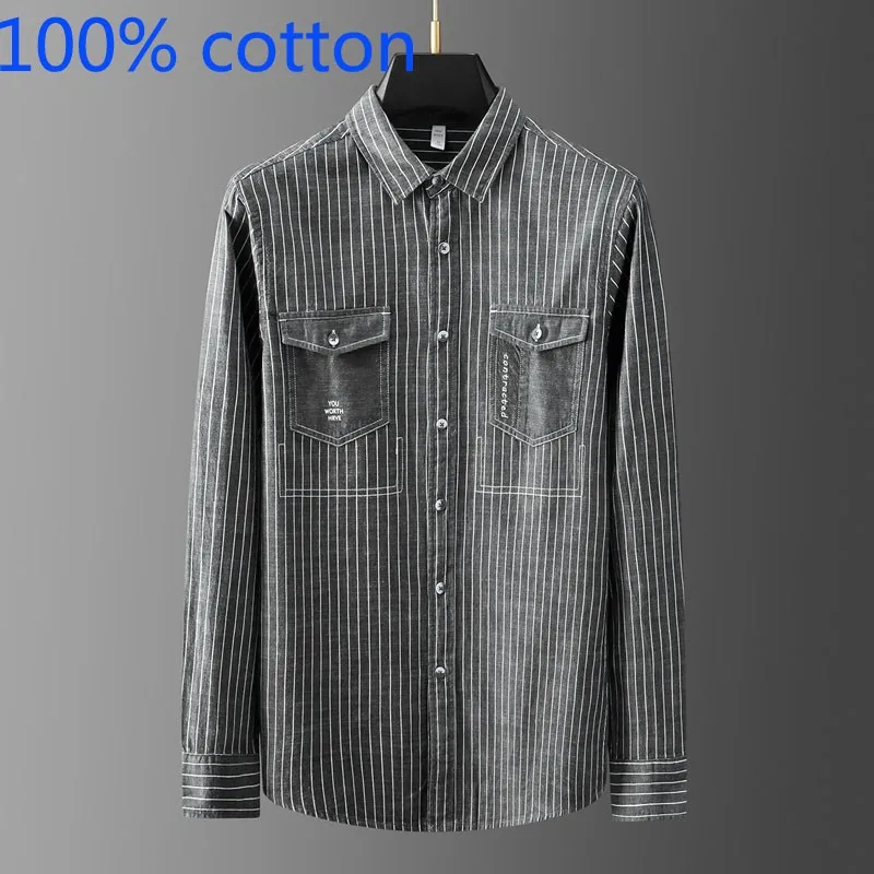 

New Arrival Fashion High Quality Stripe Cotton Double Pocket Decorative Men Long Sleeve Casual Shirt Turn-down Collar Size M-3XL