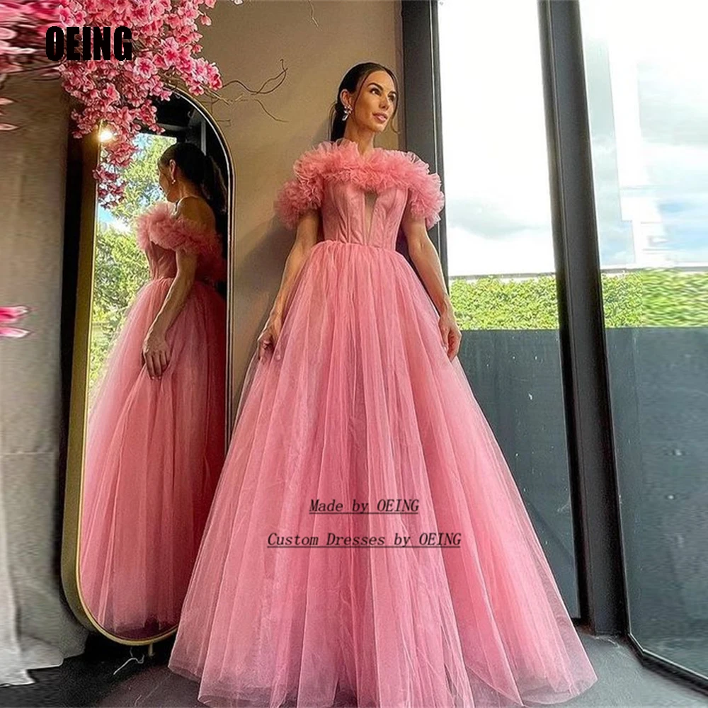 

OEING Pink Long Off Shoulder Lace Formal Night Party Prom Dresses Strapless Sleeveless Tulle A Line Evening Party Gown Dress
