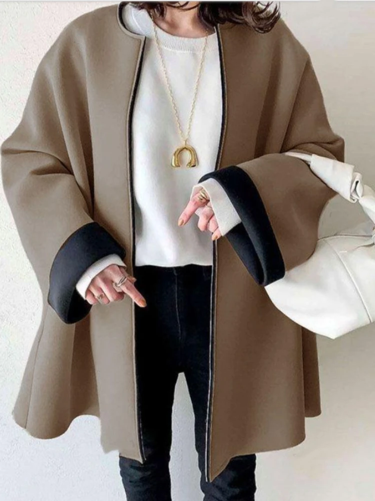 

New Autumn Women's Clothing Jacket Solid Composite Round Neck Long Sleeved Small Fragrance Collage Trench Coat for Women