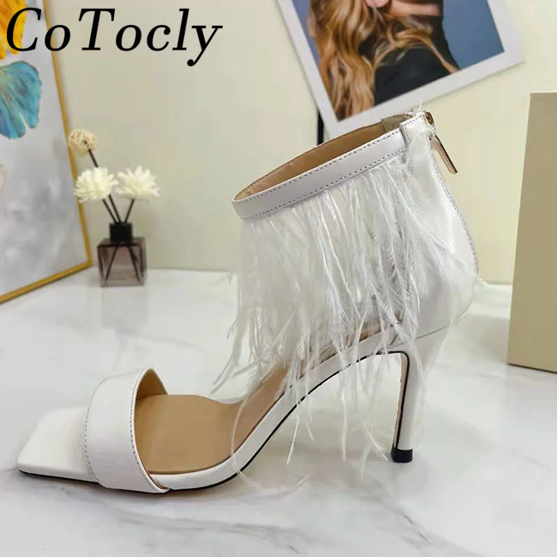 

Дизайнерские женские босоножки, босоножки на высоком каблуке, страусиные волосы, черные, белые, на одном ремешке, лето