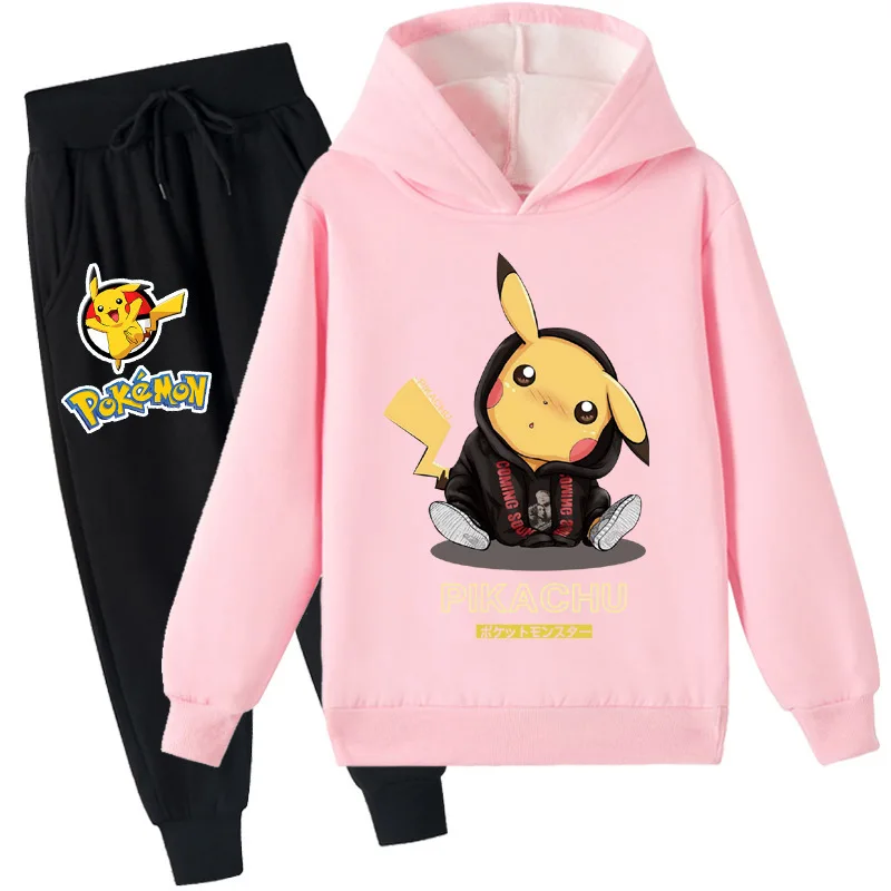 

Anime Pokemon Pikachu Cartoon Children's Kawaii Clothing Printed Pattern Winter Fashion Fleece Sweater + Fleece Trousers Suit