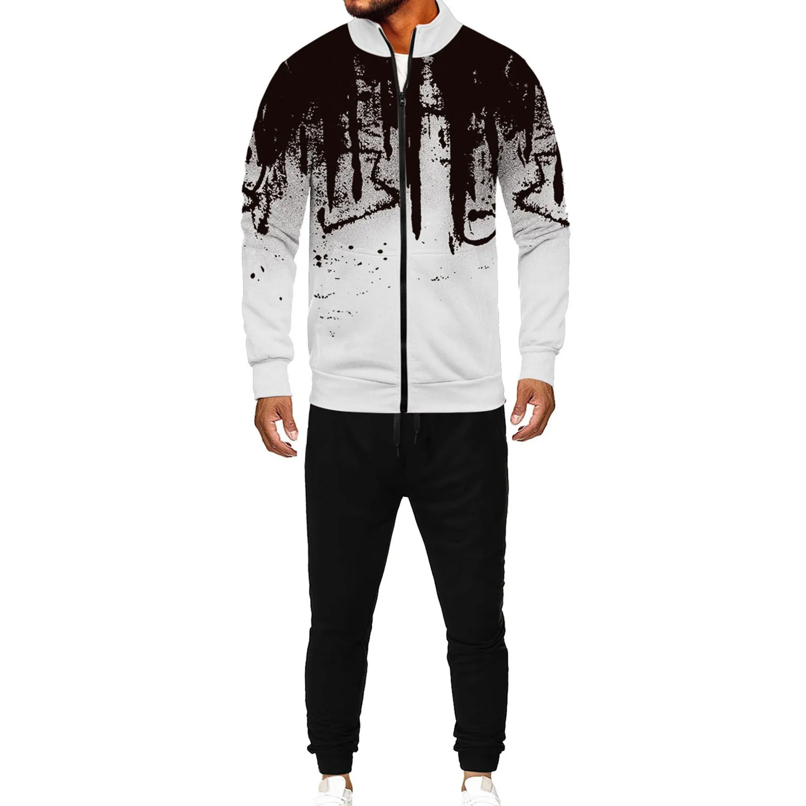 

Men's Splash-ink Stand-up Collar Sports Zipper Sweatshirt Jacket Jogging Pants Suit #40