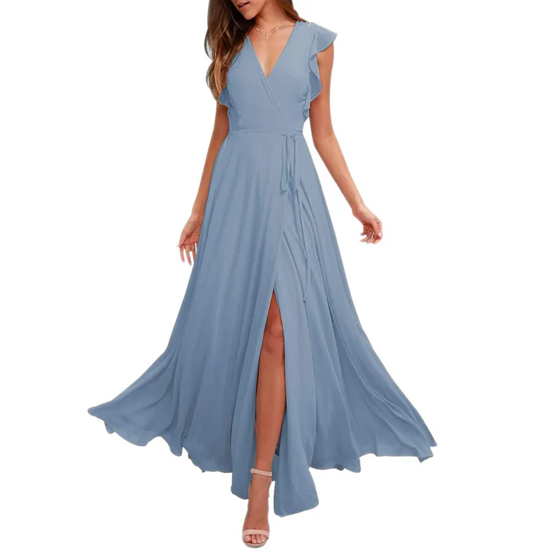 

Женское шифоновое платье-трапеция с V-образным вырезом и высоким разрезом