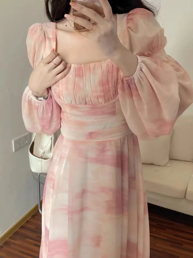 

French Vintage Long Sleeve Floral Midi Dress 2023 Summer Elegant Party Pink Dress Woman Casual Fashion Chic Beach Chiffon Dress