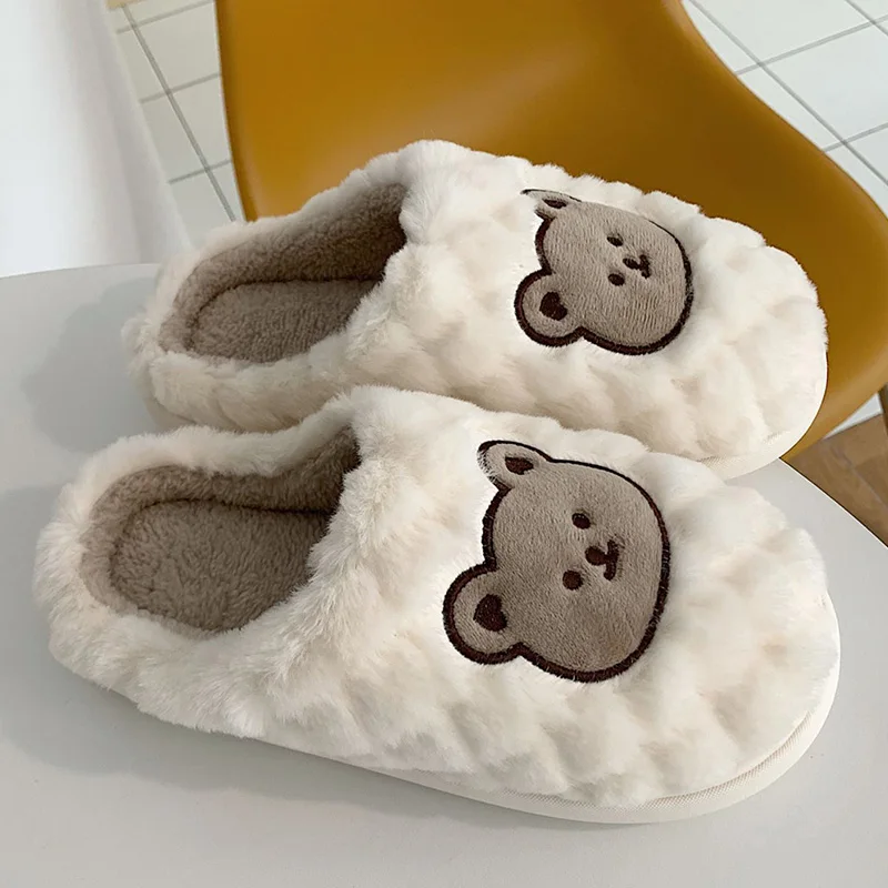 

2022 Winter Warm Indoor Animal Fluffy Plush Home Slippers Cute Bear Women Girls Slippers Kawaii Flat Cartoon Slides Shoes