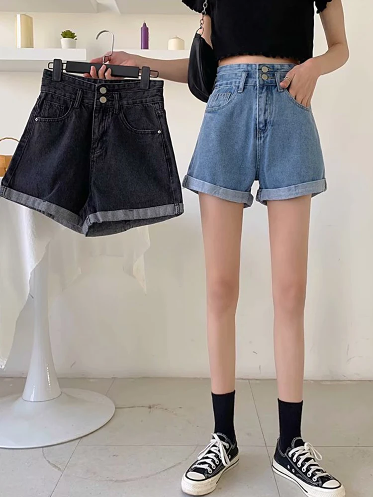 Spring Summer Women High Waist Button Loose Denim Shorts Streetwear Female Wide Leg Blue Jeans Shorts Bottoms