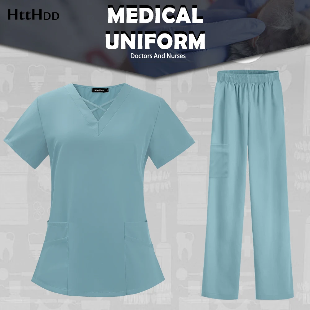 

Woman Dentistry Operating Room Work Suit Hospital Medical Uniforms Nurse Pet Grooming Spa Two-piece Solid Color Lab Scrubs Set