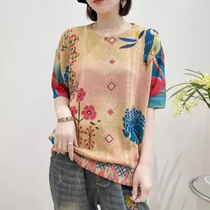 

Casual Slim Knitted T Shirt Fashion Designer Tshirt Sweater Stitch Summer Print Women T-Shirt Street Style Oversized Tops Girl