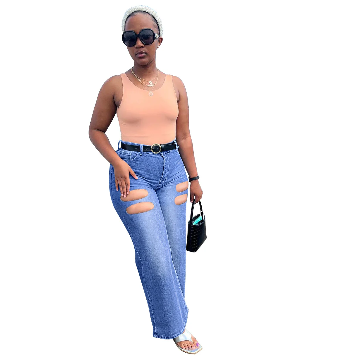 

S-2XL Summer 2022 High Waist Blue Denim Wide Leg Pants Women Casual Loose Hole Sexy Long Ripped Jeans Wolesale Dropshipping