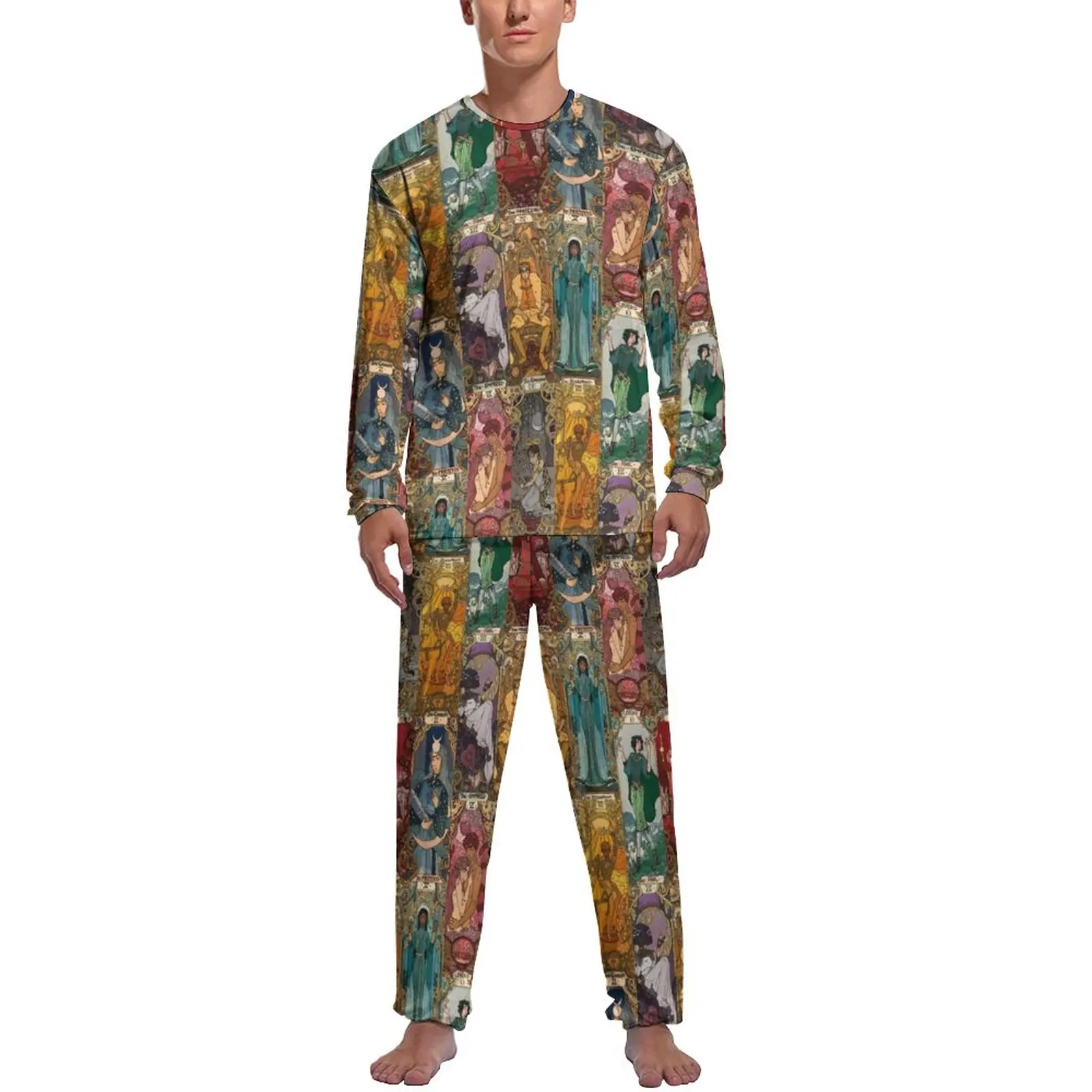 Tarot Card Print Pajamas Men Original Art Cool Sleepwear Spring Long Sleeve 2 Piece Casual Custom Pajama Sets