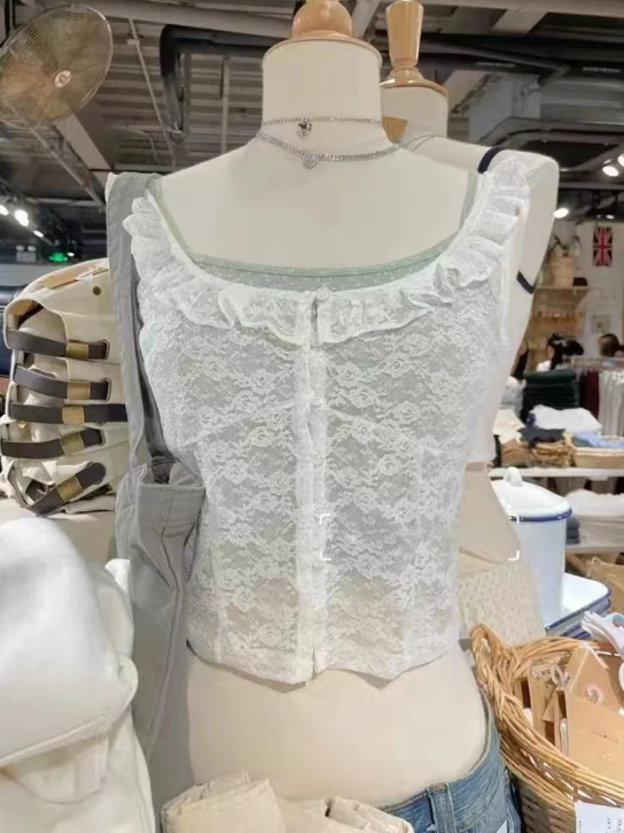 Кружевная однотонная майка без рукавов