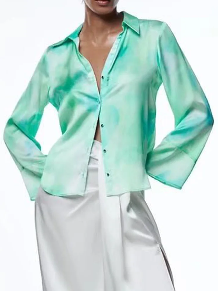 

Kumsvag 2022 Summer Women Satin Shirts Blouses Tops Fashion Tie dye Print Long Sleeve Female Street Top Smock Clothing