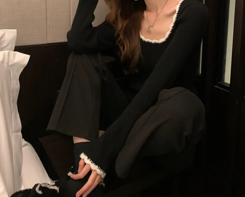 Большой круглый вырез в стиле ретро контрастного цвета облегающий нижний топ с