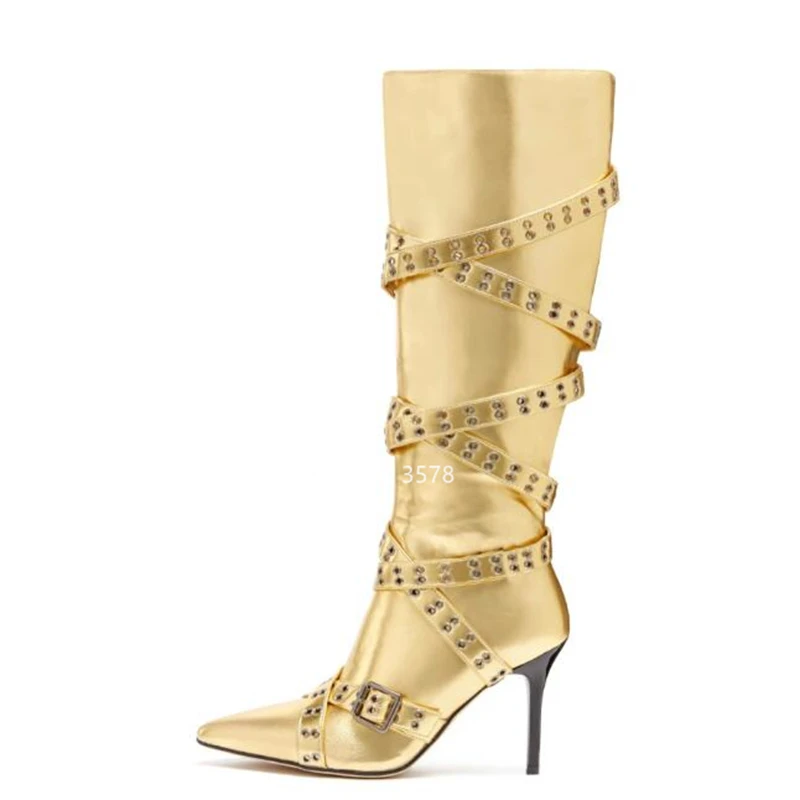 

Женские мотоциклетные сапоги до колена, золотистые кожаные сапоги с двойным ремнем и перекрестными завязками, на высоком каблуке, с острым носком, на молнии
