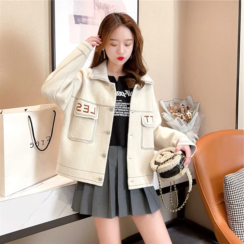 

2023Casual tweed coat, Autumn/Winter New Collar Reduced Age Imitation Double sided Cardigan Korean Edition Solid Color Loose Tem