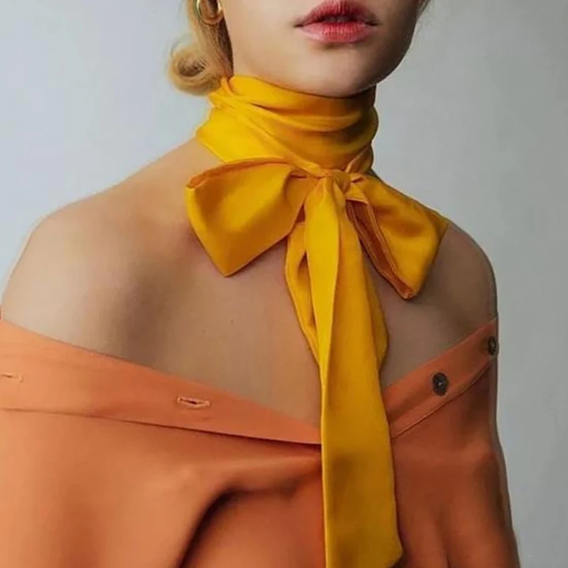 

200x5 см атласный Шелковый узкий шейный платок, однотонные шарфы, длинный Шелковый Тонкий женский шейный ободок для волос