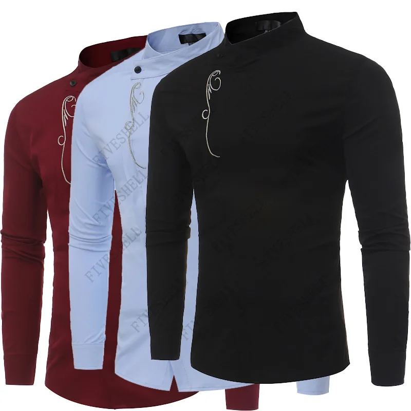 Mens Hipster Gold Embroidery Dress Shirts Slim Fit Long Sleeve Casual Shirt Men Formal Business Social Shirt Male Chemise Homme