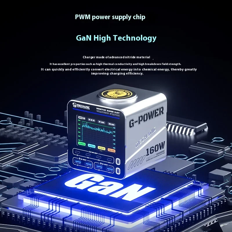 Фото Настольная сверхбыстрая зарядная станция MECHANIC G-Power Nitride-Gallium — многопортовая беспроводная зарядка с дисплеем мощности в реальном времени мощностью 160 Вт №3