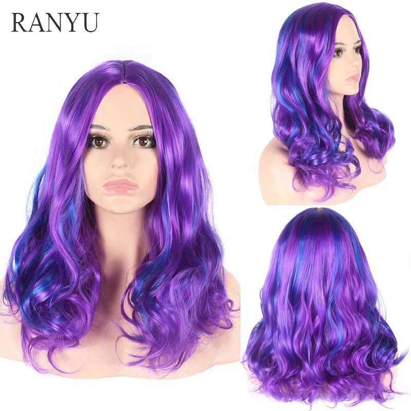 

RANYU Long Wavy Curly Wig Women Synthetic Purple Ombre Natural Cosplay Wig with Bangs for Lolita Party Heat Resistant Fiber