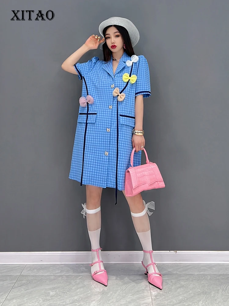 

XITAO High Waist Dress Fashion Single Breast Pocket Bow Small Fresh 2022 Summer Plaid Elegant Knee Length Dress WLD8096