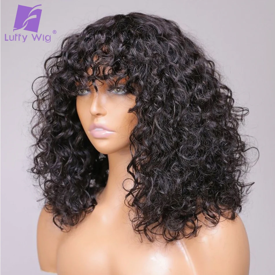

180% Density Glueless Afro Curly Human Hair Wig With Bangs Full Machine Made Wig None Lace Wig Brazilian Remy Jerry Curly Hair