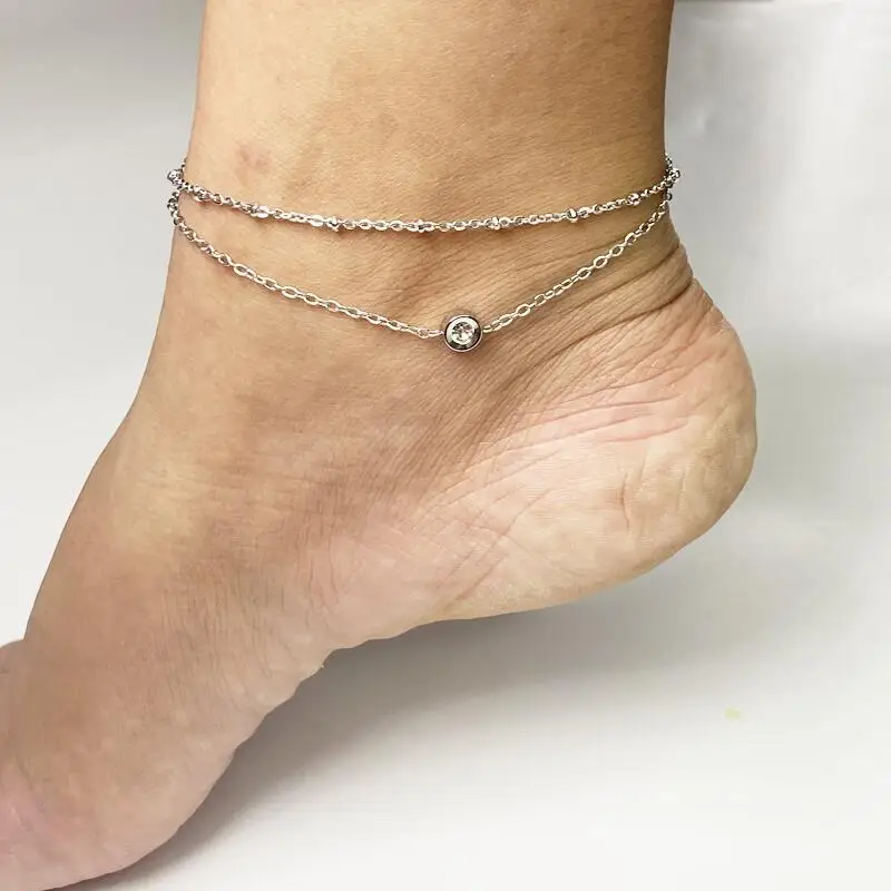 

Classic Cute New Sparkle Stainless Steel Two Layer Ankle With Rhinestone For Women Jewelry On Leg Foot Trendy Summer Beach Gifts