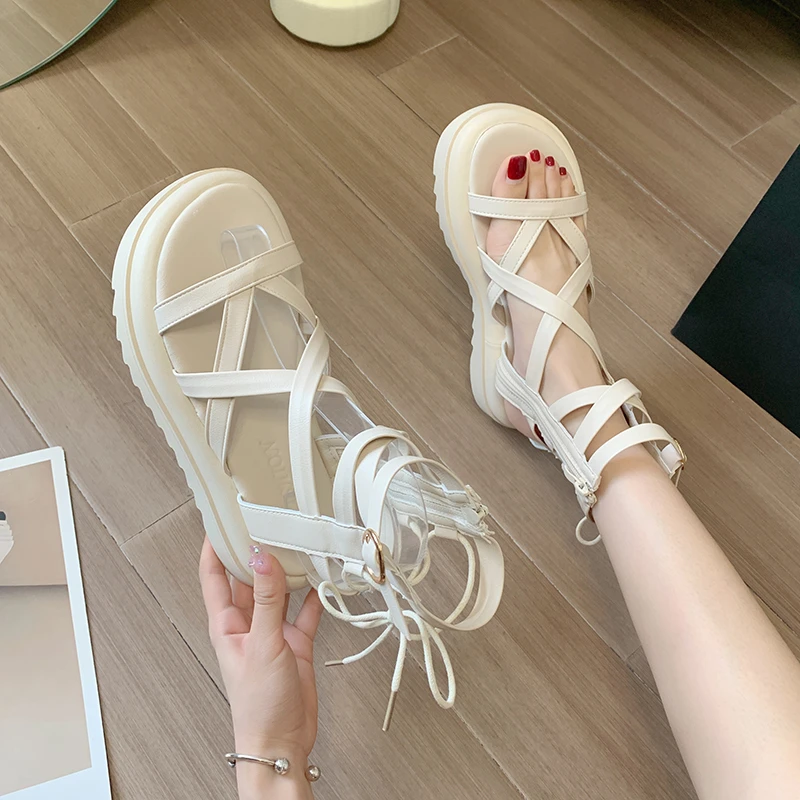 

Sandals Straps 2022 Summer Comfort Shoes for Women Clogs With Heel Cross Med Cross-Shoes Buckle Suit Female Beige All-Match Gla