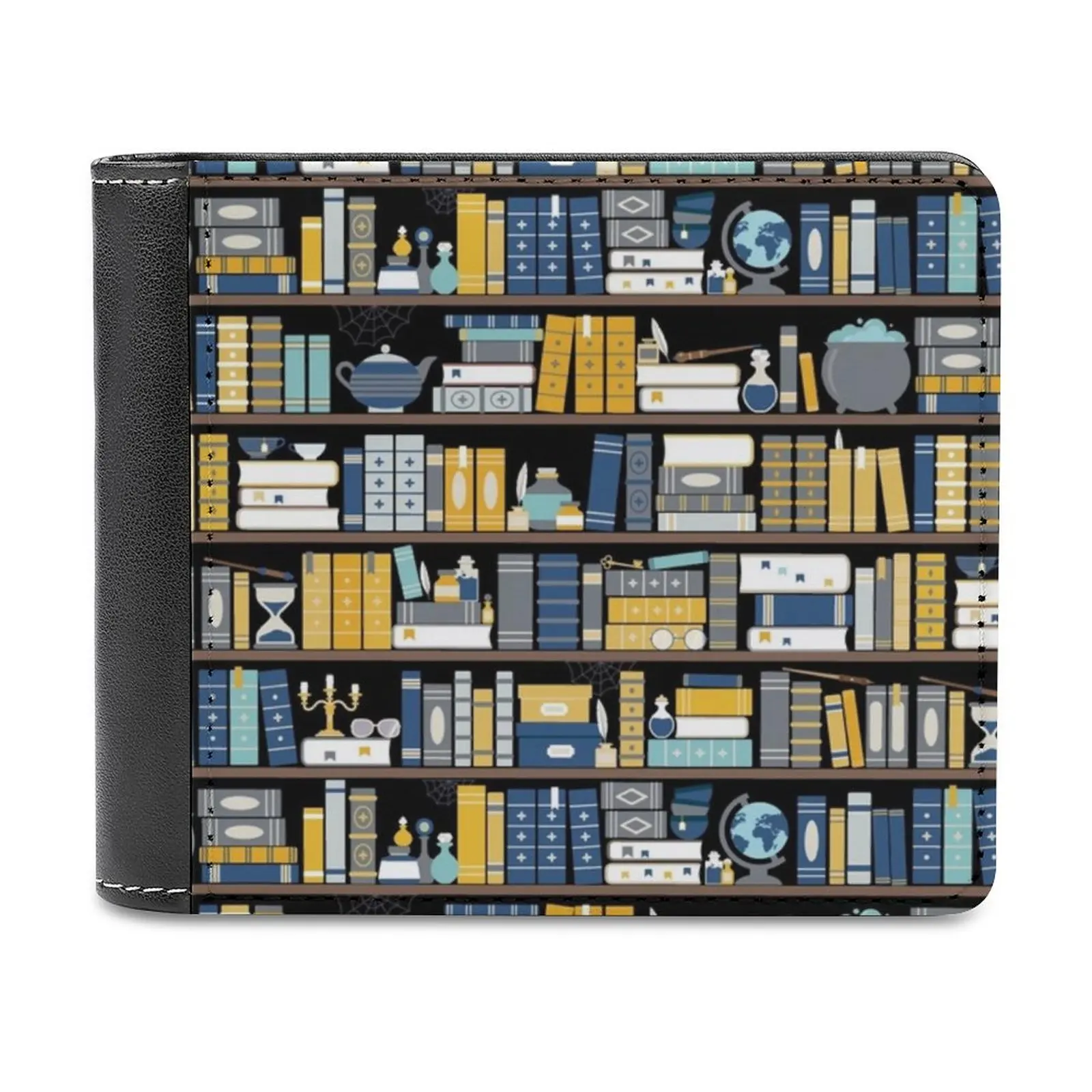 

Bookcase Pattern-Blue Yellow Library Men's Wallet Purses Wallets New Design Dollar Price Top Men Leather Wallet Bookcase Books
