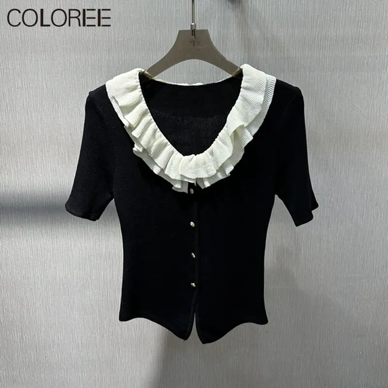 

White Black Patchwork Tops for Women 2023 Korean Fashion Elegant Ruffles Knitted Cardigan Mujer New In Knitwears