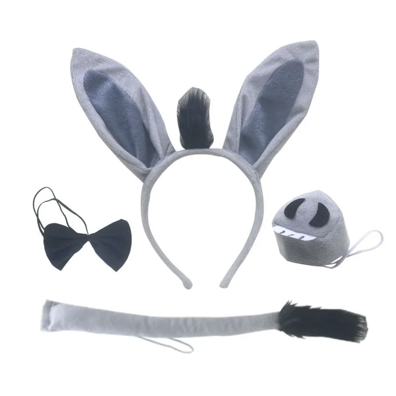 Adults and Kids Animal Costume Donkey Ears Headband Nose Bow Tail Set Accessory Birthday Party Props Gift    Christmas Halloween