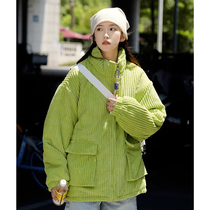 Ro Women's Green Corduroy Short Feather Jackets Coat Winter Korean Fashion Thickening Warm Female Puffer Cotton Padded Outwear