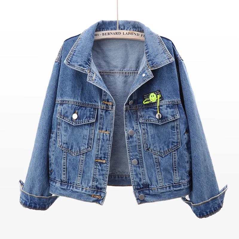 

Vintage Wash Blue Denim Jackets Women Spring Autumn Korean Loose Short Outerwear Patch Design Long Sleeve Jeans Jacket Female