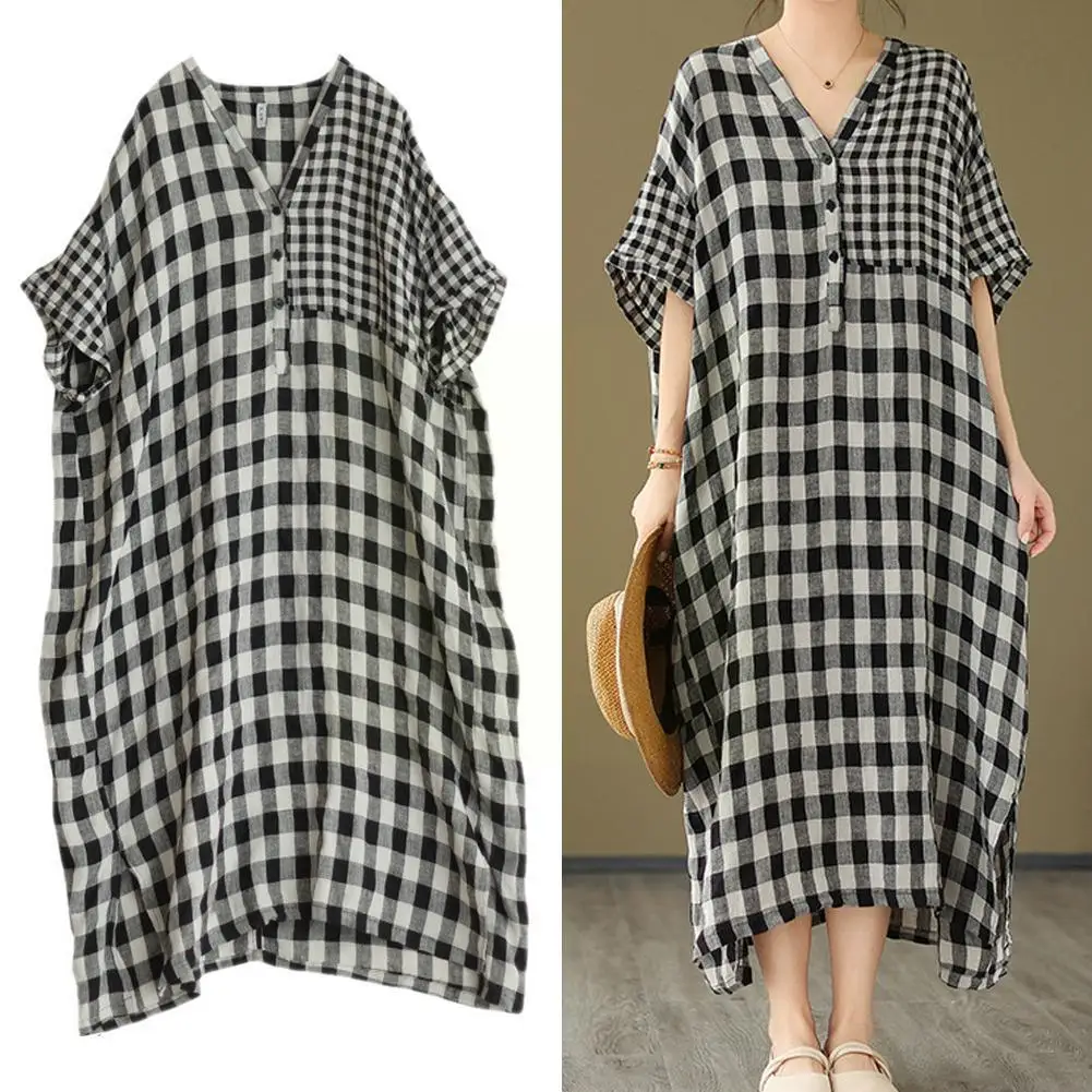 

Summer Short Sleeve Cotton Linen Vintage Plaid Dresses For Women Casual Loose Long Summer Dress Elegant Clothing Casual Dre J7J3