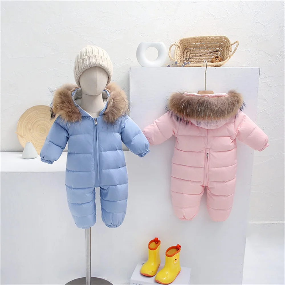 

Children's Down jacket Winter Girls' Big Fur Collar One-Piece Suit Baby jumpsuit Crawling Clothes Plush Outerwear
