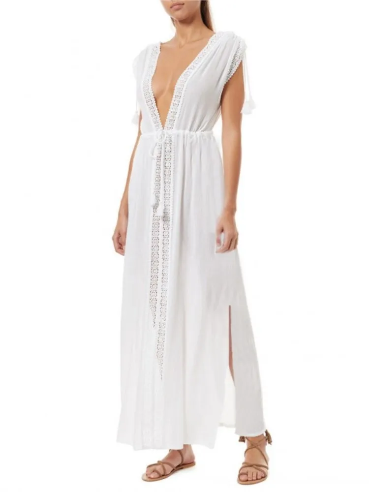 

Long Dress Women Cover-Ups Swimsuit Drawstring V Neck Sundress Robe Fashion New Solid Loose Casual Beach Holiday Bikini Cover Up
