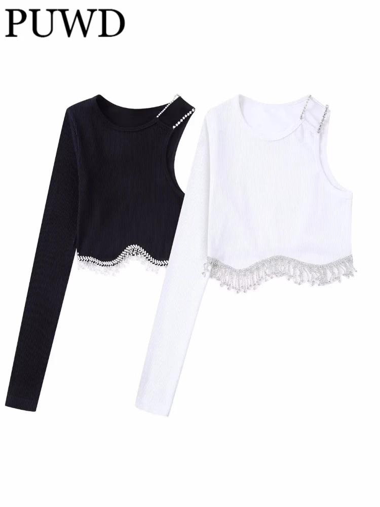 

PUWD женские черные Асимметричные ювелирные изделия инкрустированные бесшовные тканевые Топы 2022 осенние модные женские повседневные свитер...