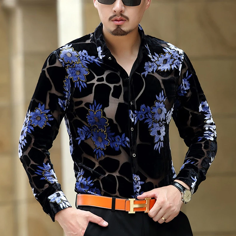 Luxury Brand Silk Transparent Shirt Men Floral Embroidery Mens Dress Shirts See Trough Sexy Men High Quality Lace Shirt