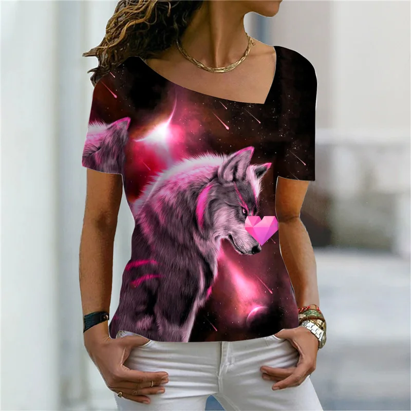 

2022 Summer Women's Fashion Wolf Theme Abstract Geometric T Shirt V Neck Basic Tops Animal/ 3D Plus Size Print Shirt