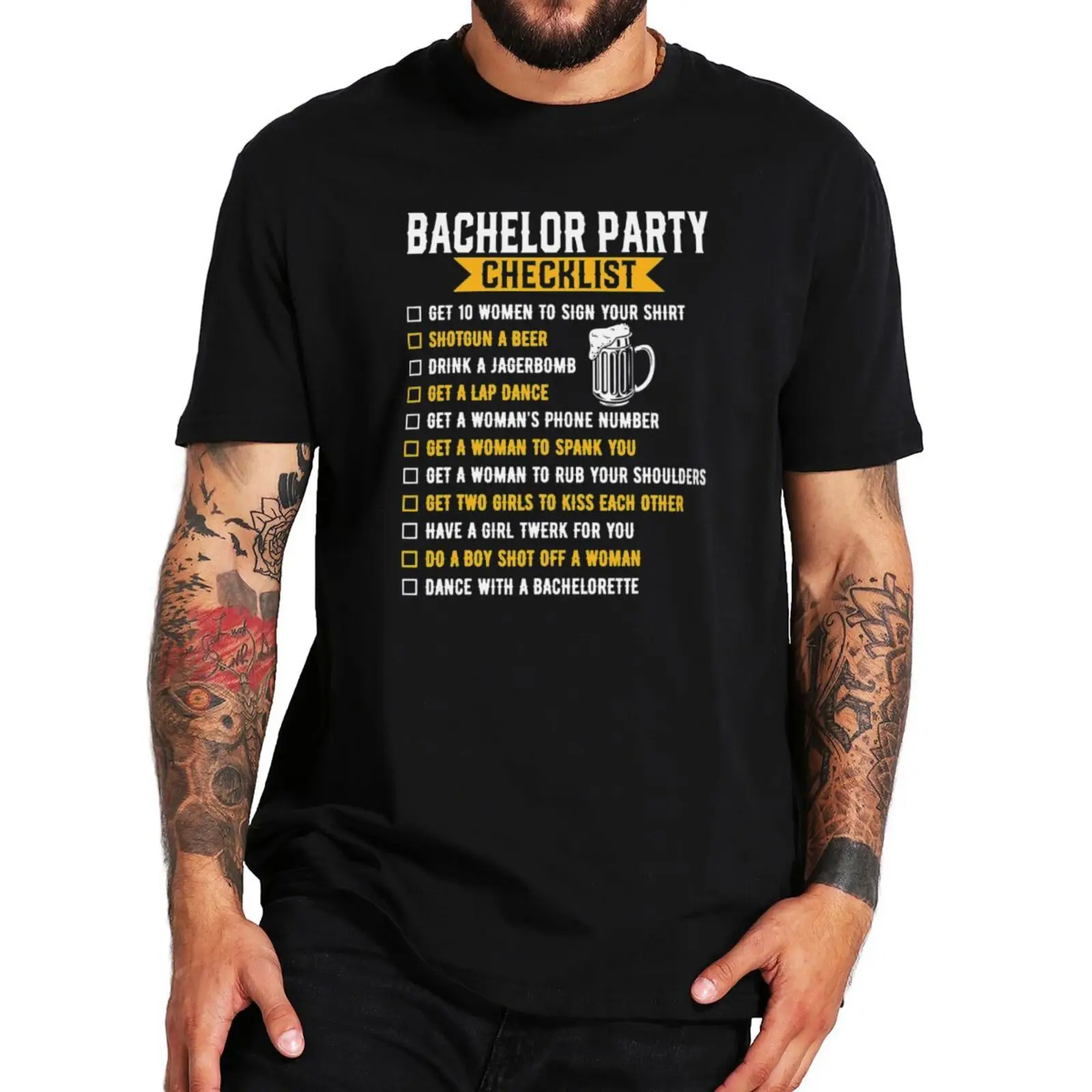 

Bachelor Party Checklist T Shirt Funny Beer Groomsmen Bachelorette Gift Camiseta 100% Cotton Casual Premium Tee Top EU Size