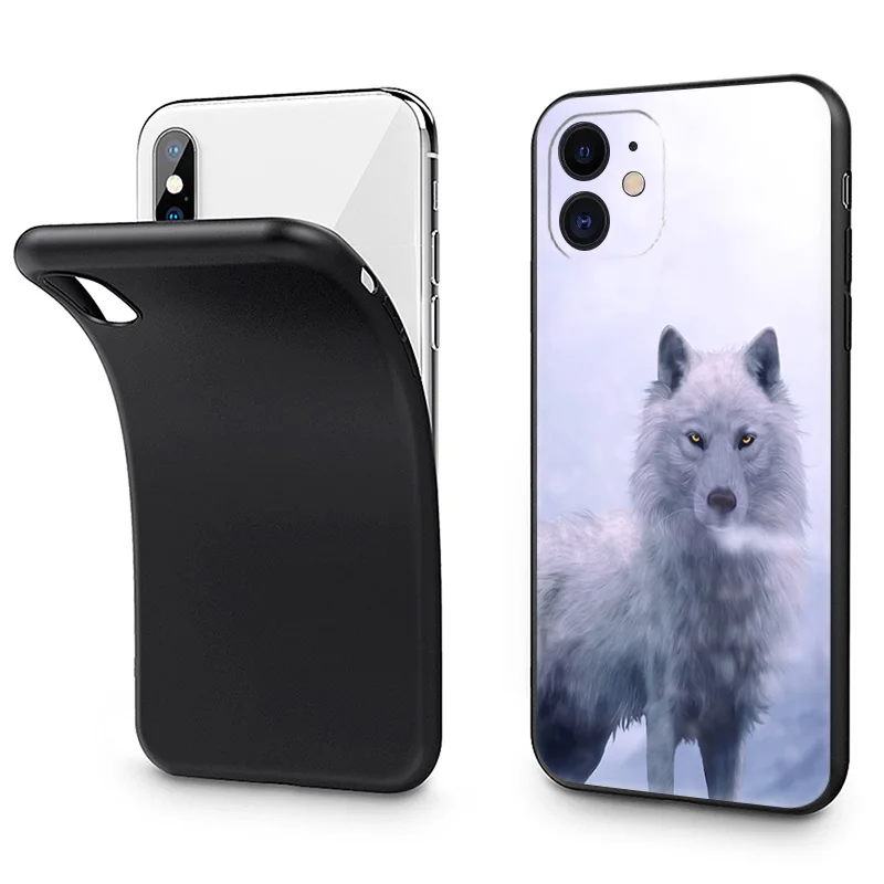 Silicone Black Phone Cases Cover for iPhone 11 14 Pro Max 12 13 Mini XR SE 7 8 6 6s Plus XS X SE3 11Pro Flower Snow Wolf