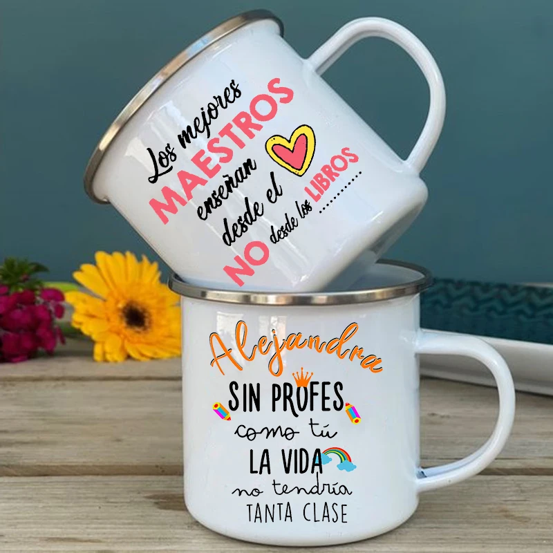 Spanish Print Mug Coffee Tea Cups Drinks Water Cup Teacher Life Enamel Mugs School Home Handle Drinkware Best Gifts for Teacher