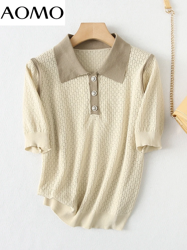 

AOMO Korea Chic Women Hollow Out Summer Sweater Short Sleeve Ladies Knitted Jumper Tops YU46A